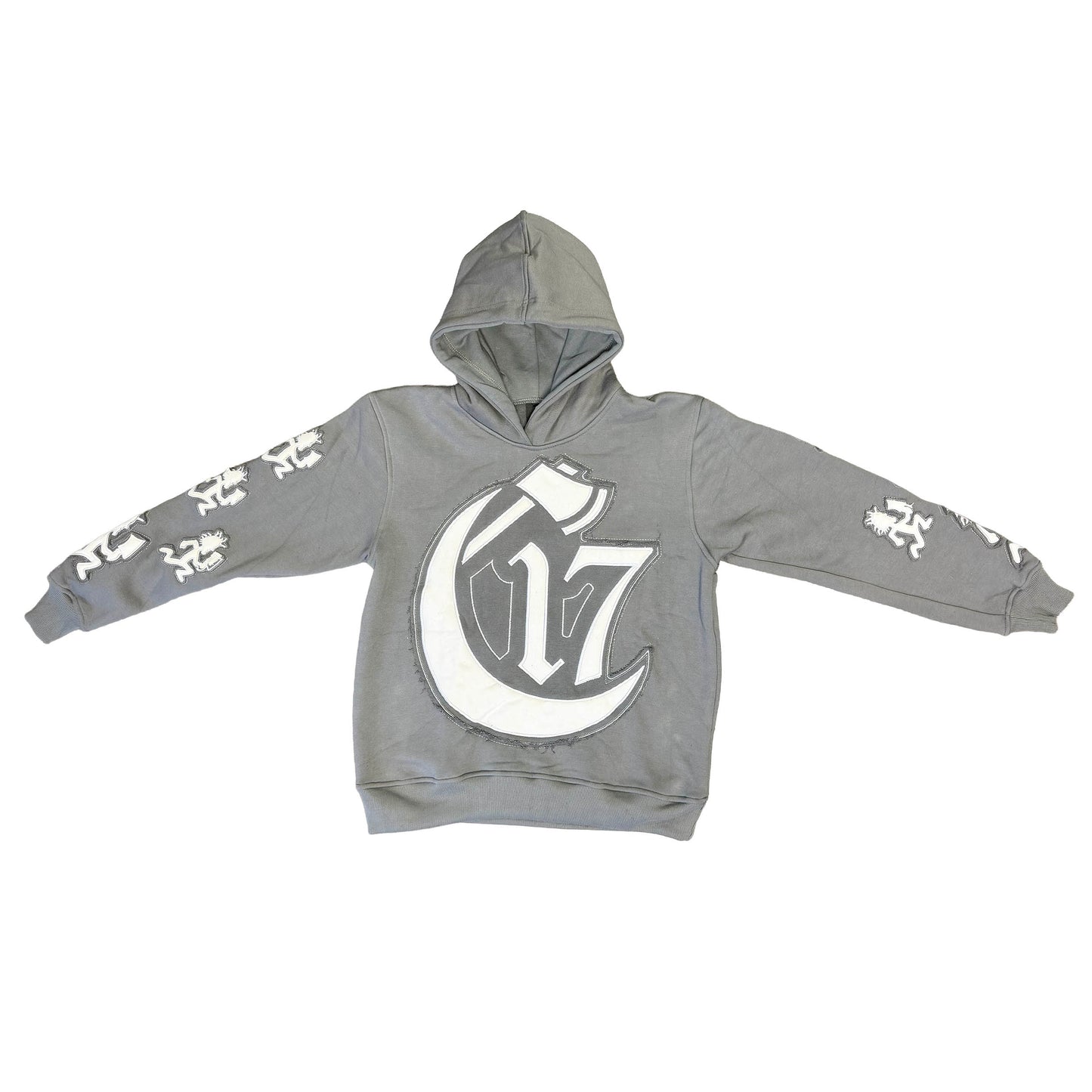 Luxury Worn & Torn Patchwork Hoodie - Grey